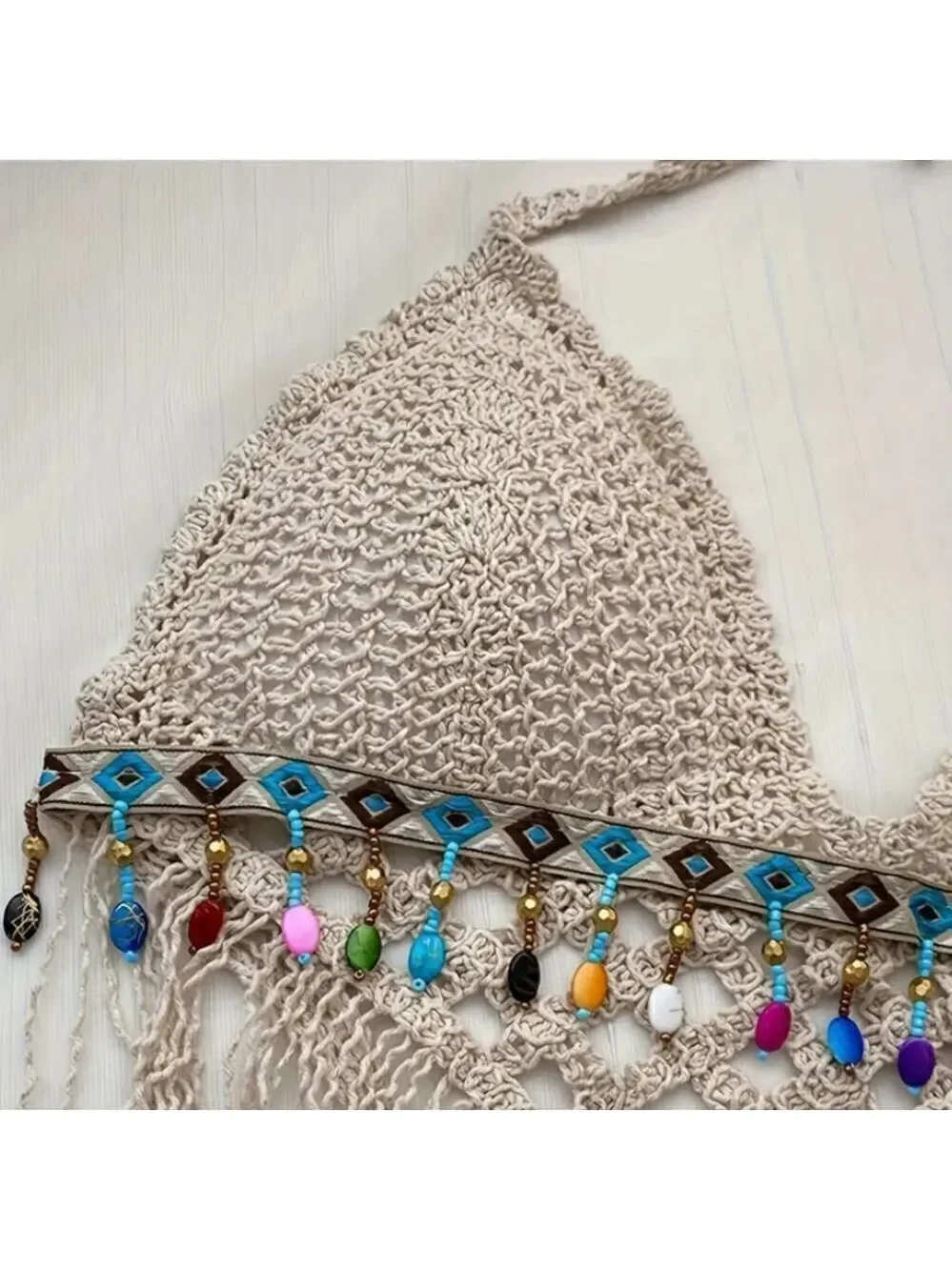 Crochet Halter Bra with Cropped Tassel Hem Summer Sleeveless Casual Top - Picture 2 of 8